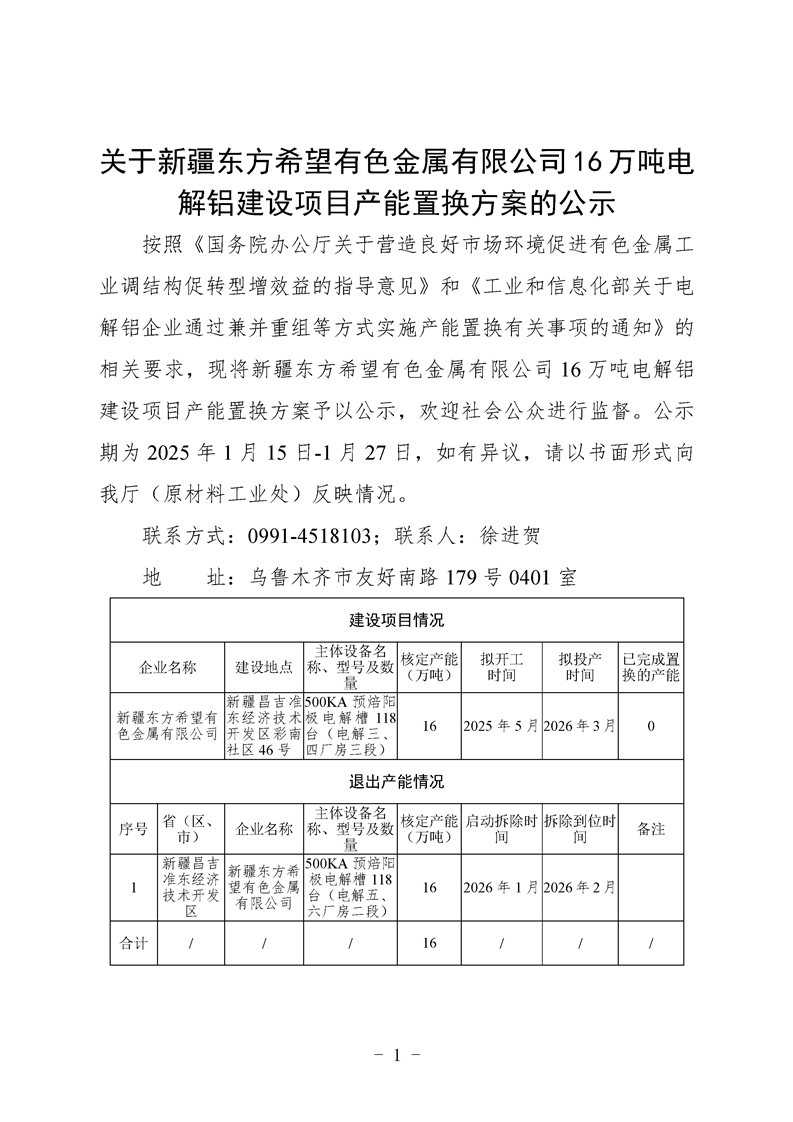 新疆東方希望有色金屬16萬噸電解鋁建設(shè)項(xiàng)目產(chǎn)能置換方案公示